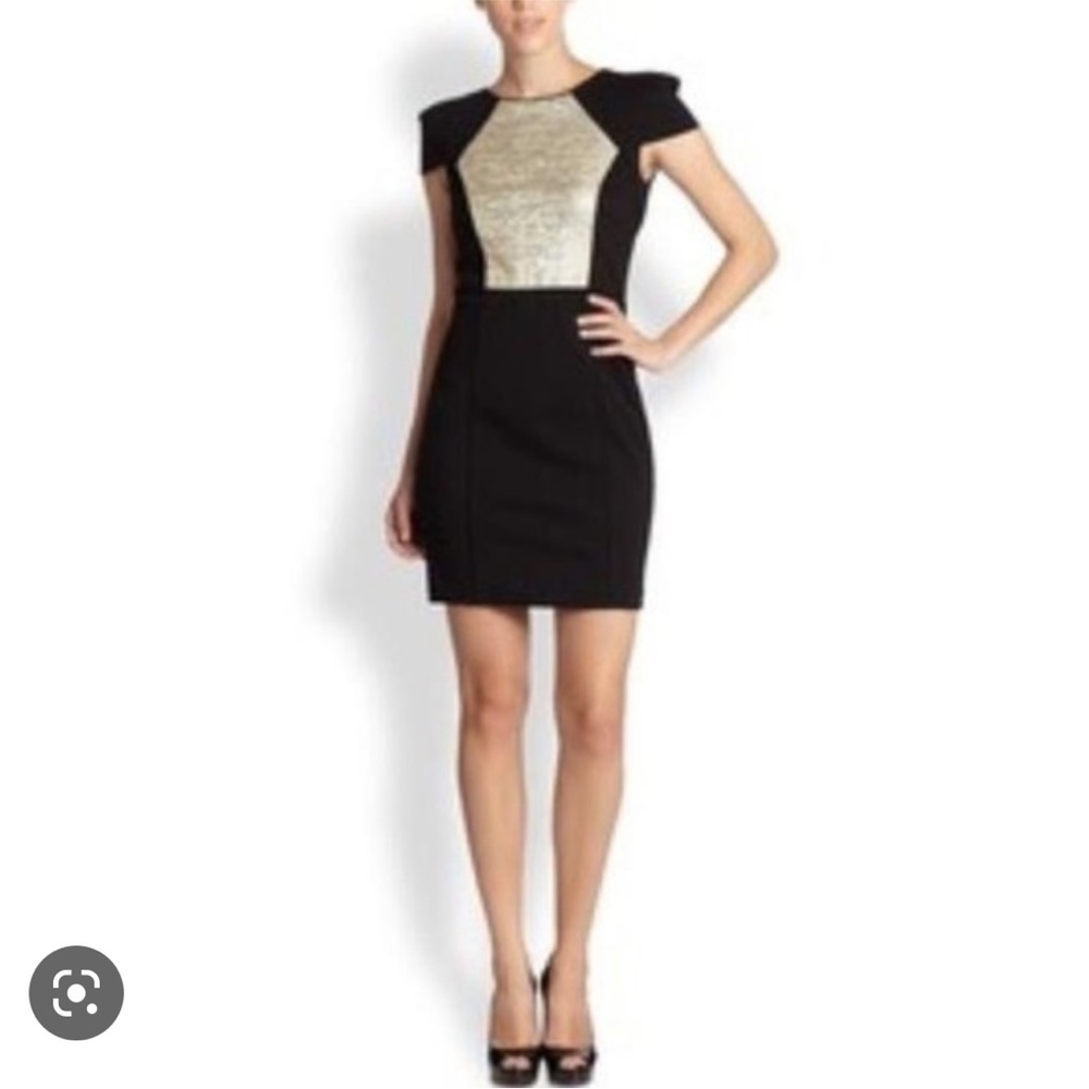 Anthropologie 4C Black Gold Shift Dress Cap Sleeves Metallic Bodice Office Siren